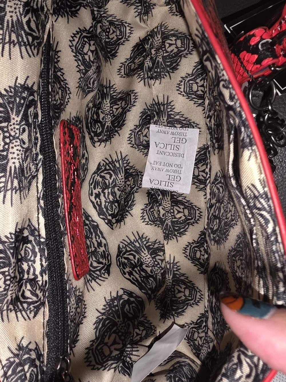 Ed Hardy Red and Black Snake-Print Satchel with Charm Chain